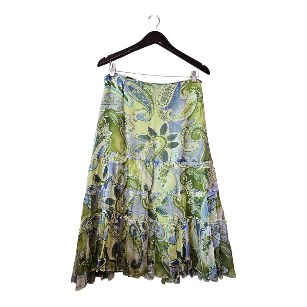 Vintage 90s Y2K Allison Taylor Silk‎ Ruffled Skirt Women's Sz 8 Green Whimsigoth